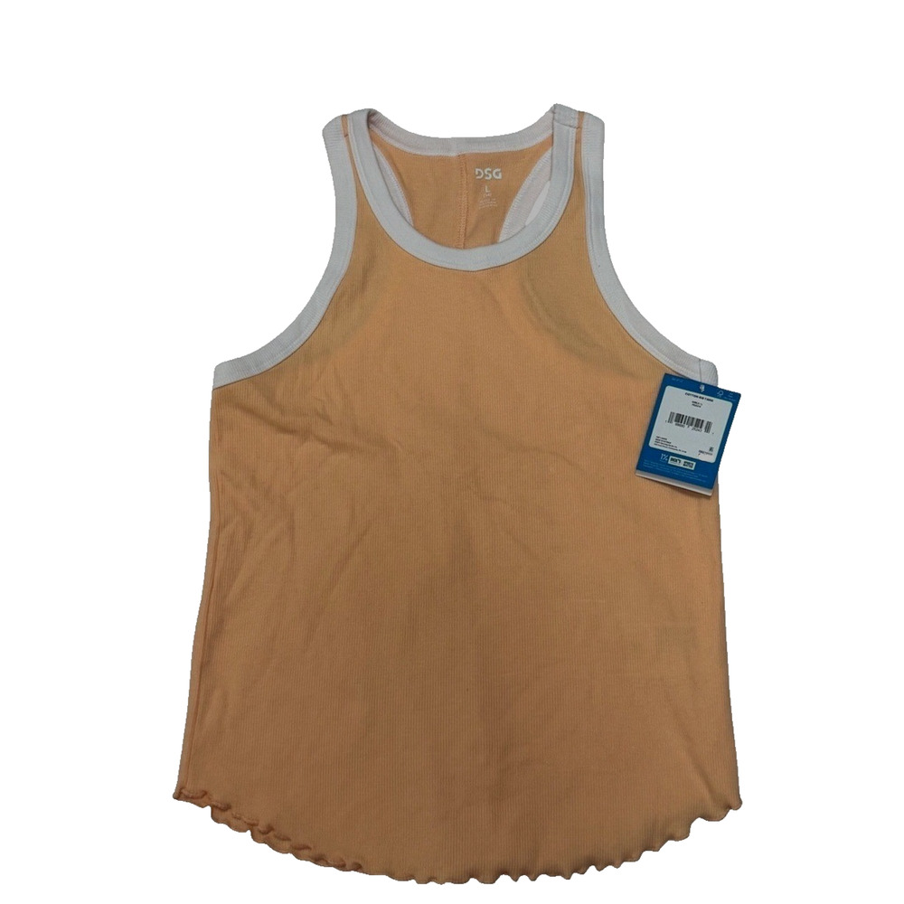 DSG Girls Cotton Rib Sleeveless Tank Top Racerback Peach White Trim Large READ